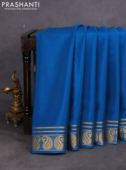 Pure mysore silk saree cs blue with plain body and paisley zari woven border