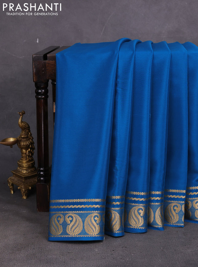 Pure mysore silk saree cs blue with plain body and paisley zari woven border