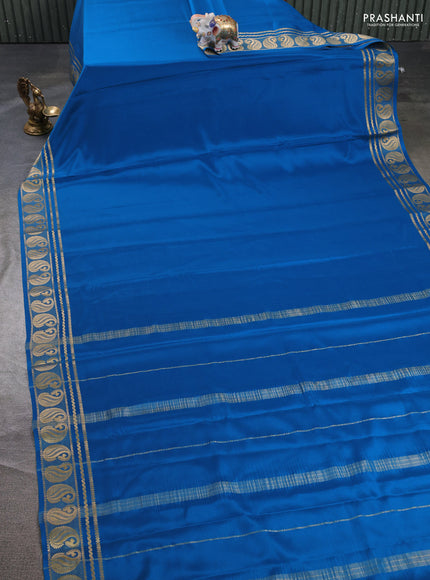 Pure mysore silk saree cs blue with plain body and paisley zari woven border
