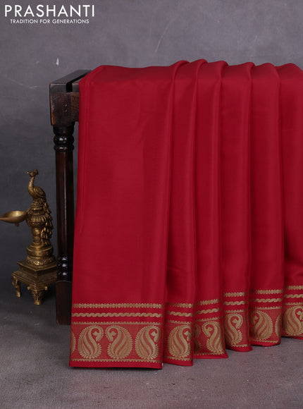 Pure mysore silk saree red with plain body and paisley zari woven border
