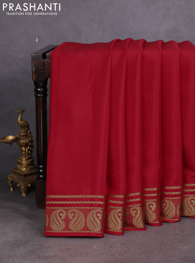 Pure mysore silk saree red with plain body and paisley zari woven border