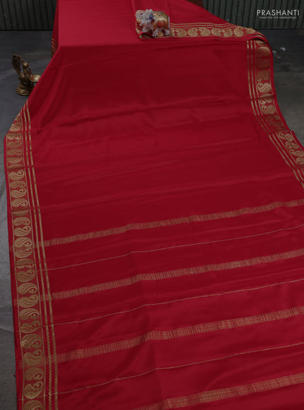 Pure mysore silk saree red with plain body and paisley zari woven border