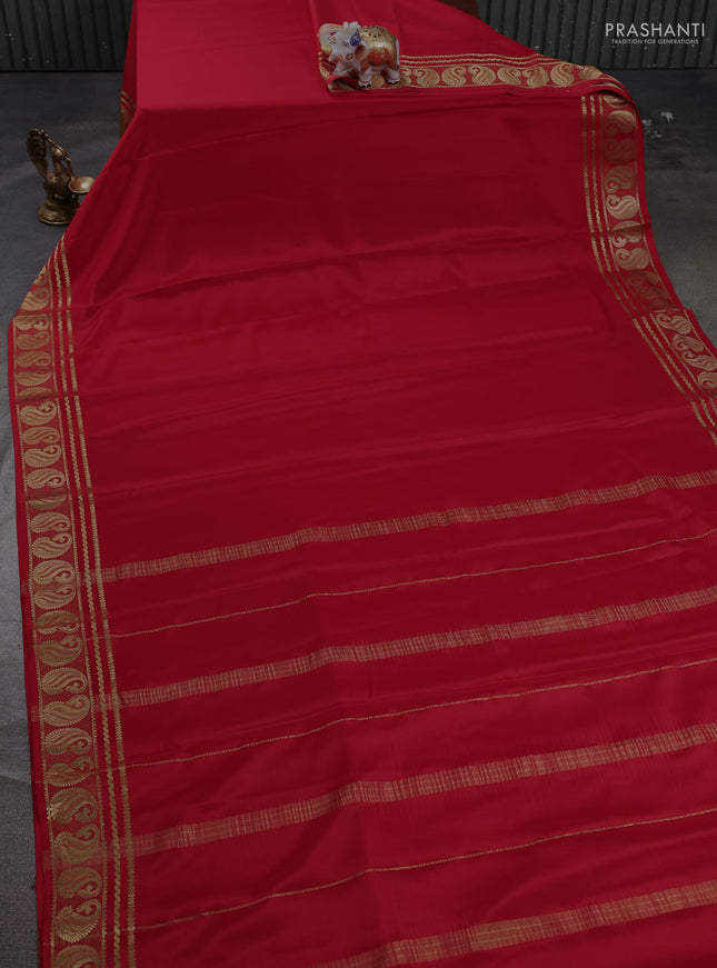 Pure mysore silk saree red with plain body and paisley zari woven border