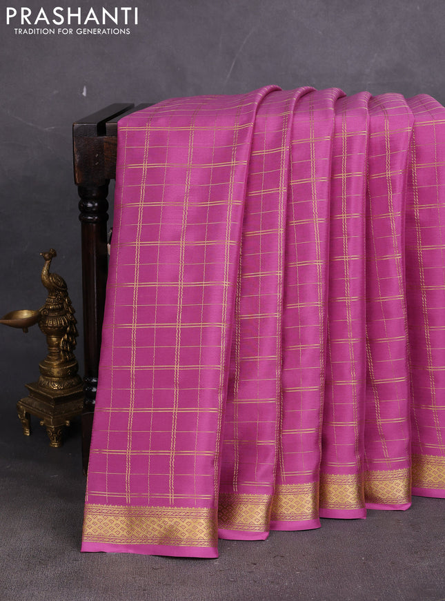 Pure mysore silk saree mauve pink with allover zari woven checked pattern and zari woven border