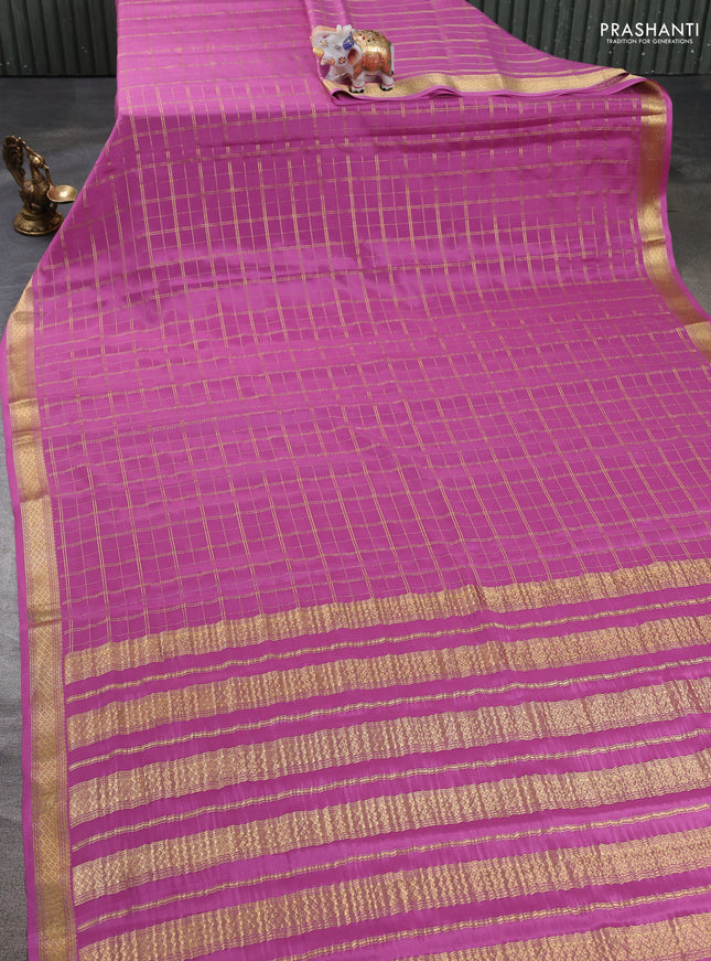 Pure mysore silk saree mauve pink with allover zari woven checked pattern and zari woven border