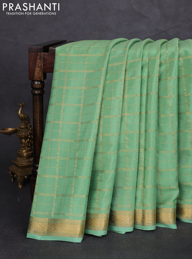 Pure mysore silk saree pista green with allover zari woven checked pattern and zari woven border