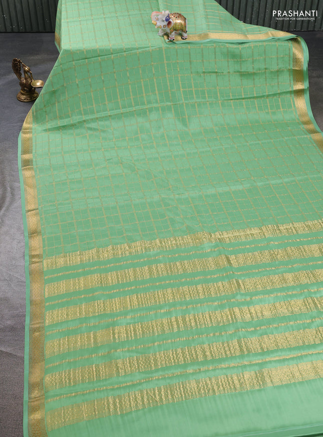 Pure mysore silk saree pista green with allover zari woven checked pattern and zari woven border