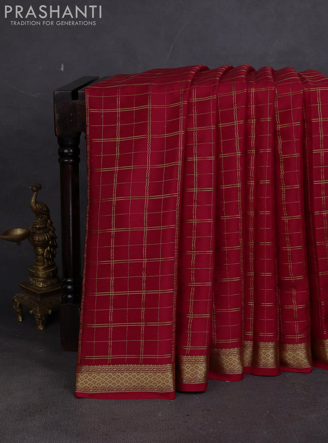 Pure mysore silk saree red with allover zari woven checked pattern and zari woven border