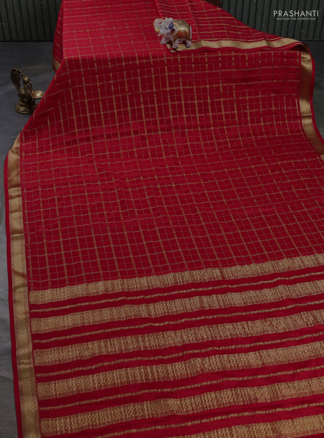 Pure mysore silk saree red with allover zari woven checked pattern and zari woven border