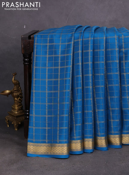 Pure mysore silk saree cs blue with allover zari woven checked pattern and zari woven border