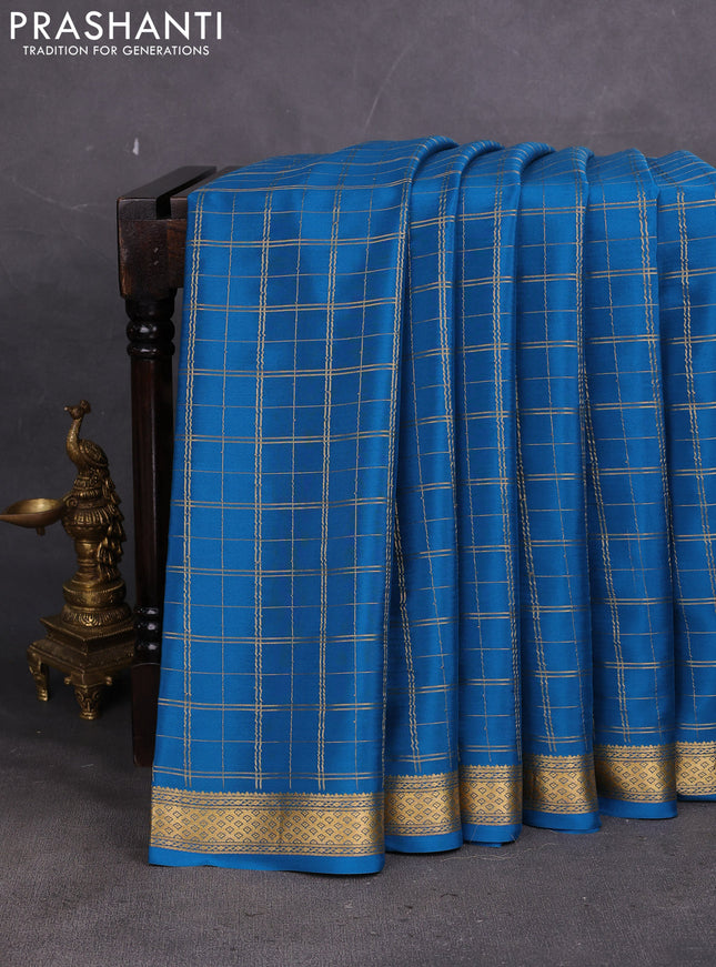 Pure mysore silk saree cs blue with allover zari woven checked pattern and zari woven border