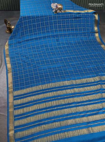 Pure mysore silk saree cs blue with allover zari woven checked pattern and zari woven border