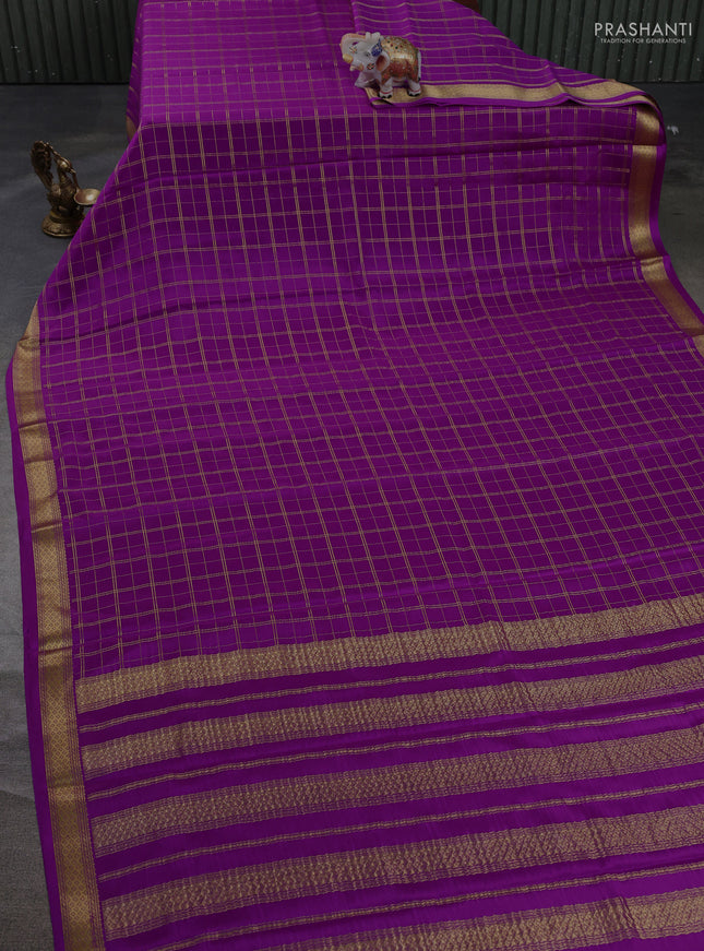 Pure mysore silk saree purple with allover zari woven checked pattern and zari woven border