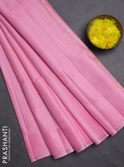 Semi tussar saree pink with allover silver & zari weaves pattern and simple zari woven border