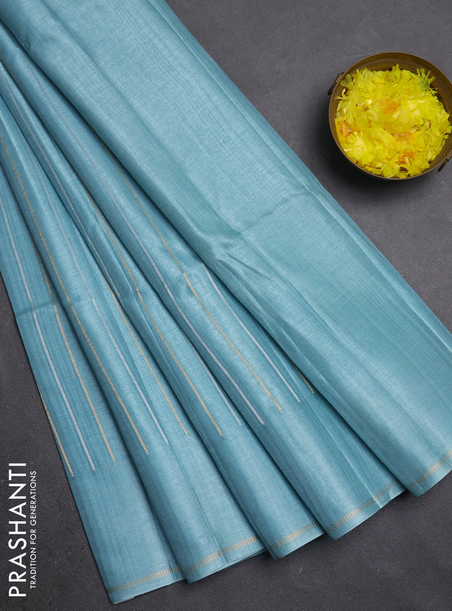 Semi tussar saree pastel blue with allover silver & zari weaves pattern and simple zari woven border
