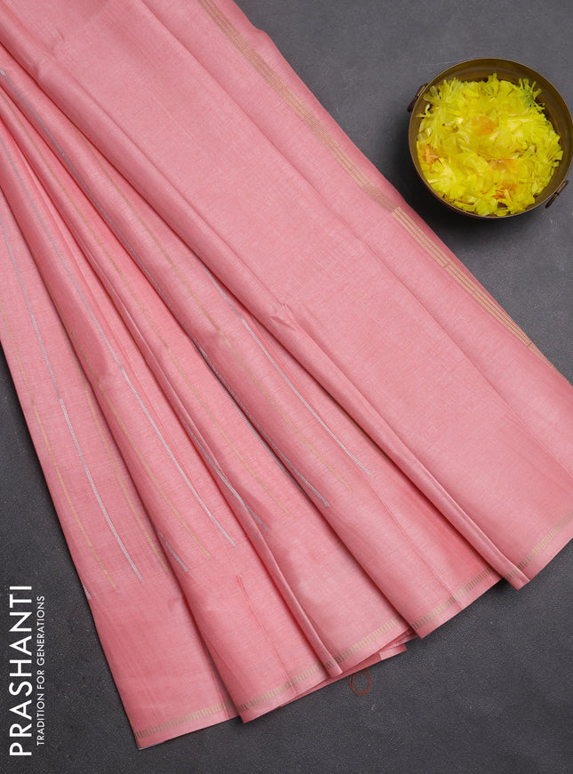 Semi tussar saree mild peach pink with allover silver & zari weaves pattern and simple zari woven border