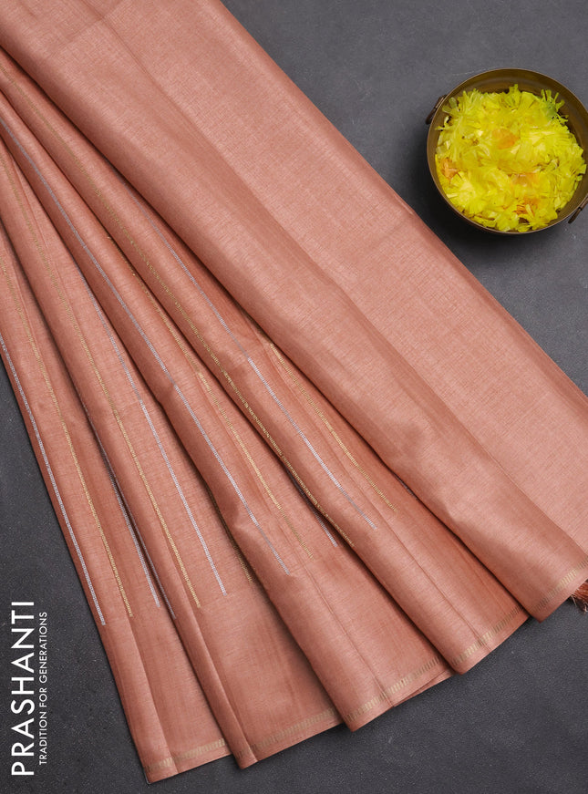 Semi tussar saree peach with allover silver & zari weaves pattern and simple zari woven border