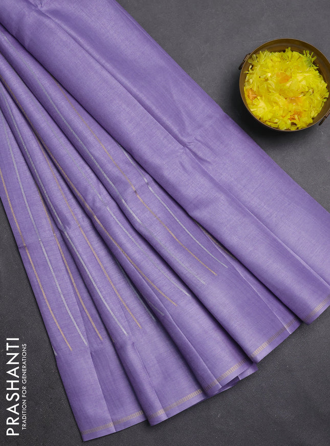 Semi tussar saree lavender with allover silver & zari weaves pattern and simple zari woven border
