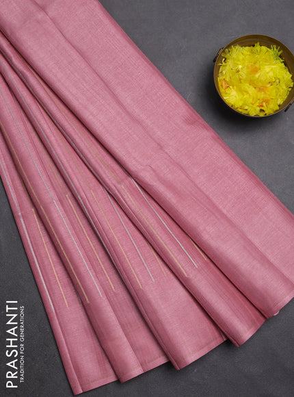 Semi tussar saree pastel pink with allover silver & zari weaves pattern and simple zari woven border