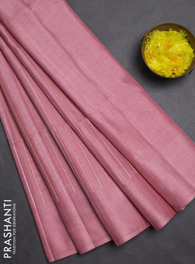 Semi tussar saree pastel pink with allover silver & zari weaves pattern and simple zari woven border