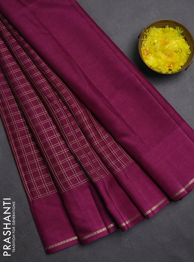 Semi tussar saree wine with allover zari checks and simple zari woven border