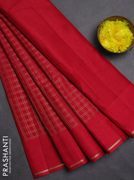 Semi tussar saree red with allover zari checks and simple zari woven border