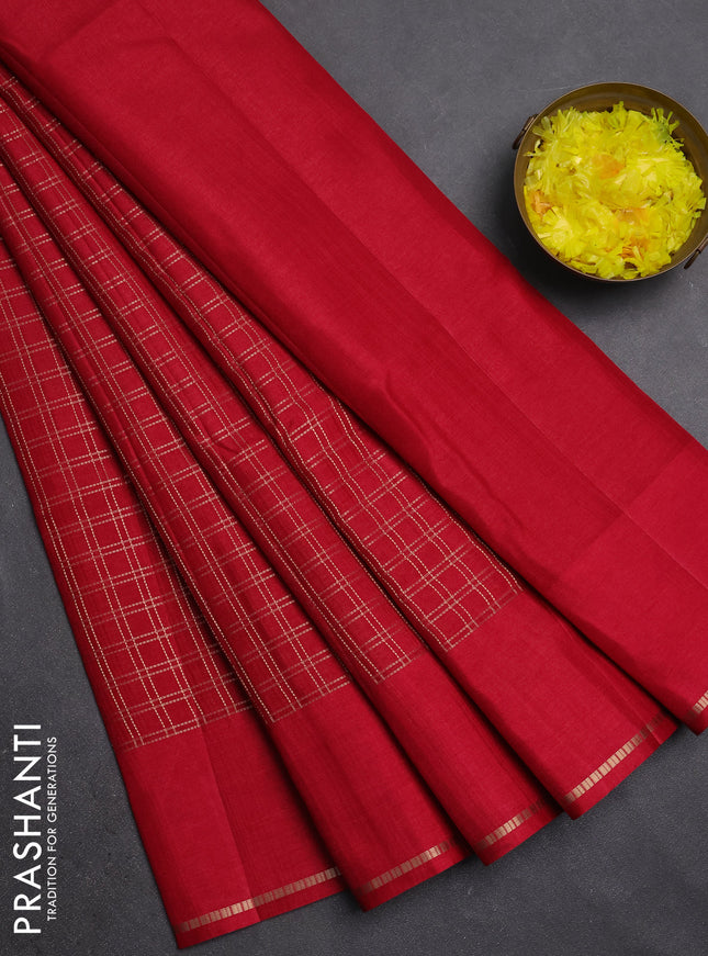 Semi tussar saree red with allover zari checks and simple zari woven border