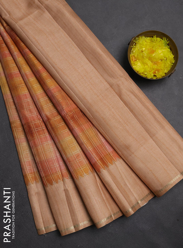 Semi tussar saree multi colour and pale orange with allover zari checks and simple zari woven border