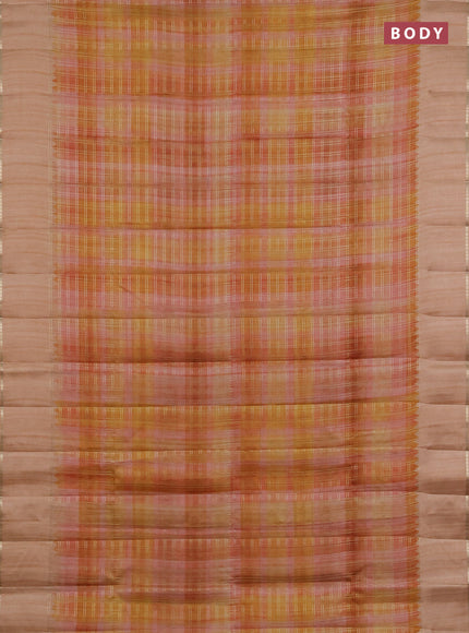 Semi tussar saree multi colour and pale orange with allover zari checks and simple zari woven border