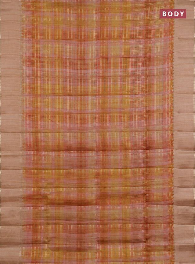 Semi tussar saree multi colour and pale orange with allover zari checks and simple zari woven border