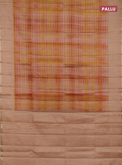 Semi tussar saree multi colour and pale orange with allover zari checks and simple zari woven border