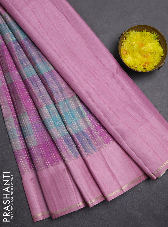 Semi tussar saree multi colour and pink with allover zari checks and simple zari woven border