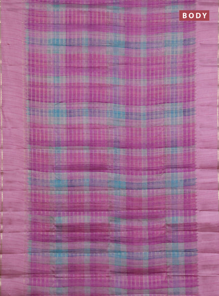 Semi tussar saree multi colour and pink with allover zari checks and simple zari woven border