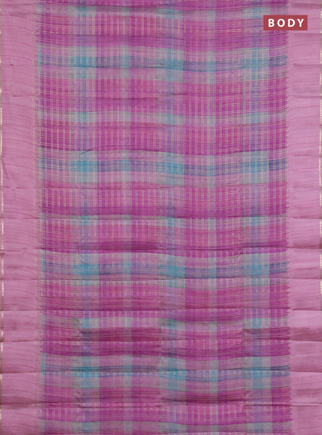Semi tussar saree multi colour and pink with allover zari checks and simple zari woven border