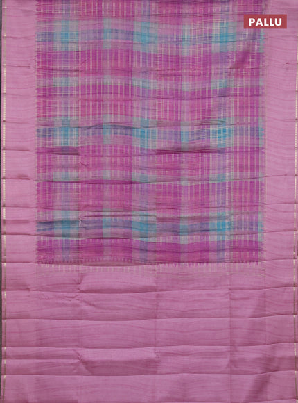 Semi tussar saree multi colour and pink with allover zari checks and simple zari woven border