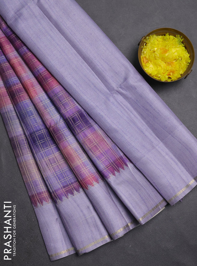 Semi tussar saree multi colour and mild lavender with allover zari checks and simple zari woven border