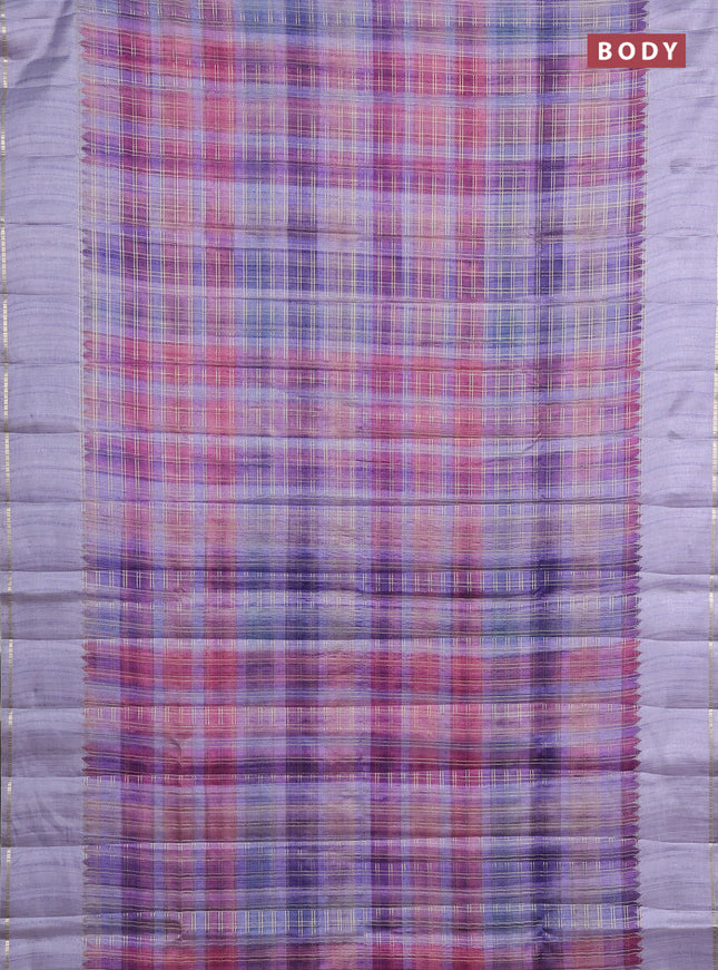 Semi tussar saree multi colour and mild lavender with allover zari checks and simple zari woven border