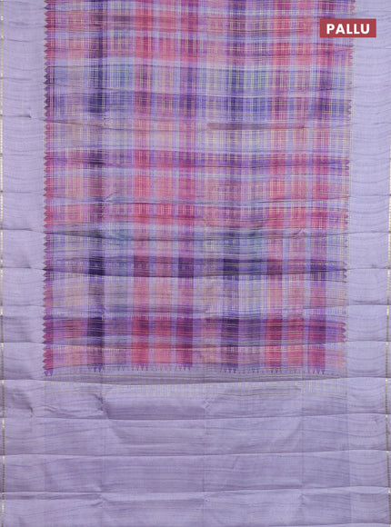 Semi tussar saree multi colour and mild lavender with allover zari checks and simple zari woven border