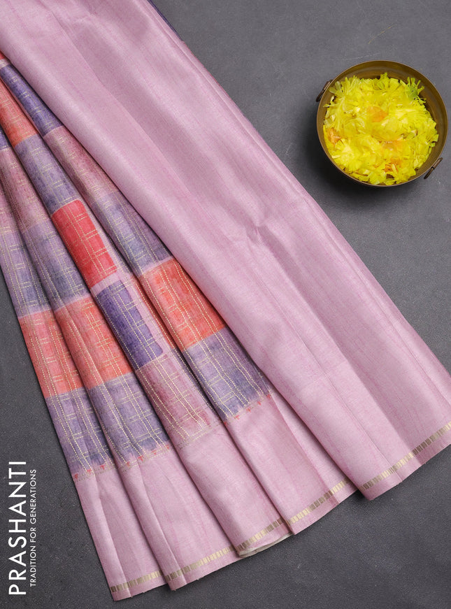Semi tussar saree multi colour and pastel pink with allover zari checks and simple zari woven border