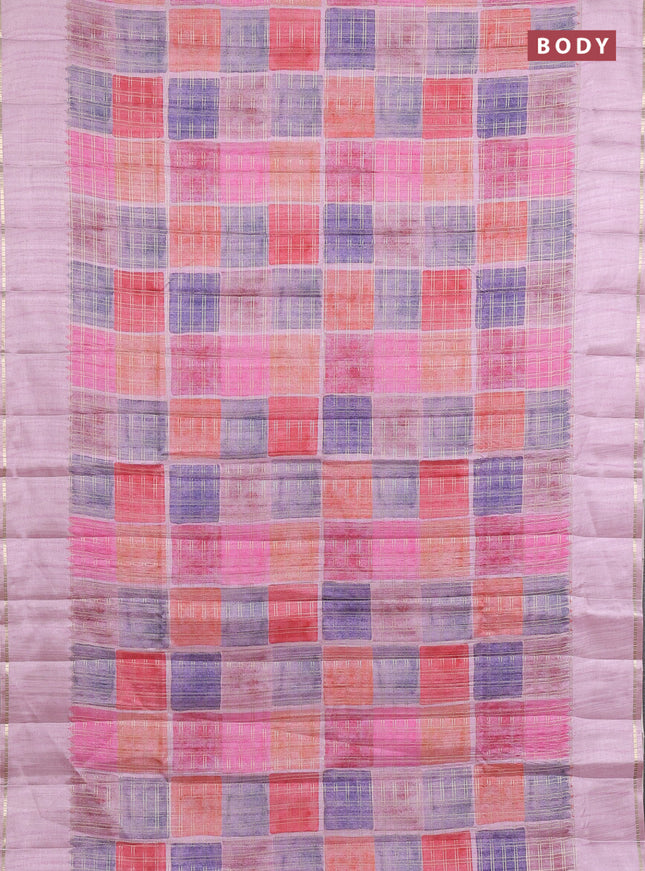 Semi tussar saree multi colour and pastel pink with allover zari checks and simple zari woven border