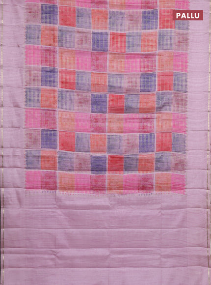 Semi tussar saree multi colour and pastel pink with allover zari checks and simple zari woven border