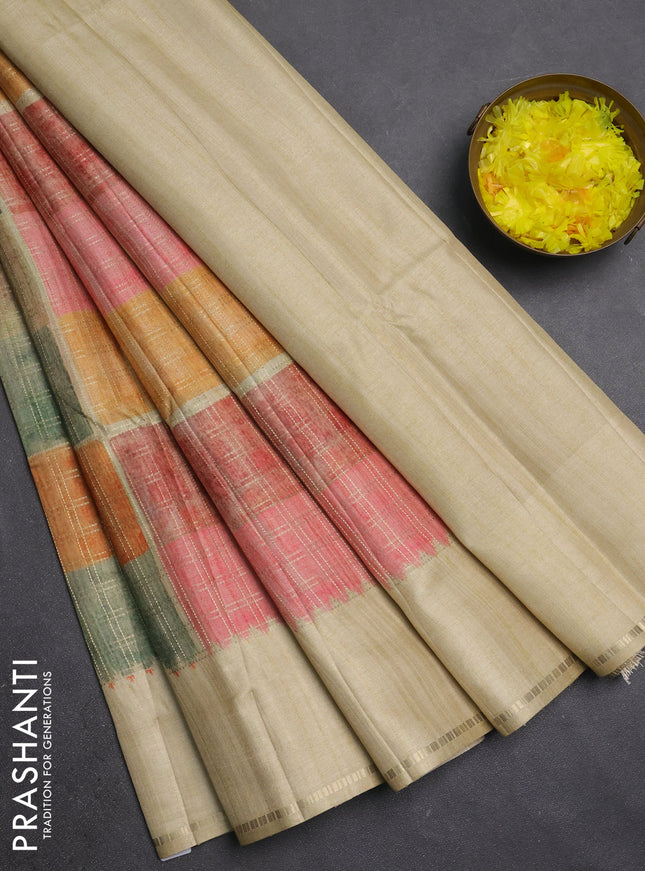 Semi tussar saree multi colour and cream with allover zari checks and simple zari woven border