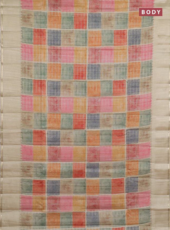 Semi tussar saree multi colour and cream with allover zari checks and simple zari woven border