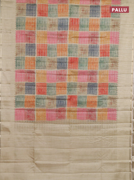 Semi tussar saree multi colour and cream with allover zari checks and simple zari woven border