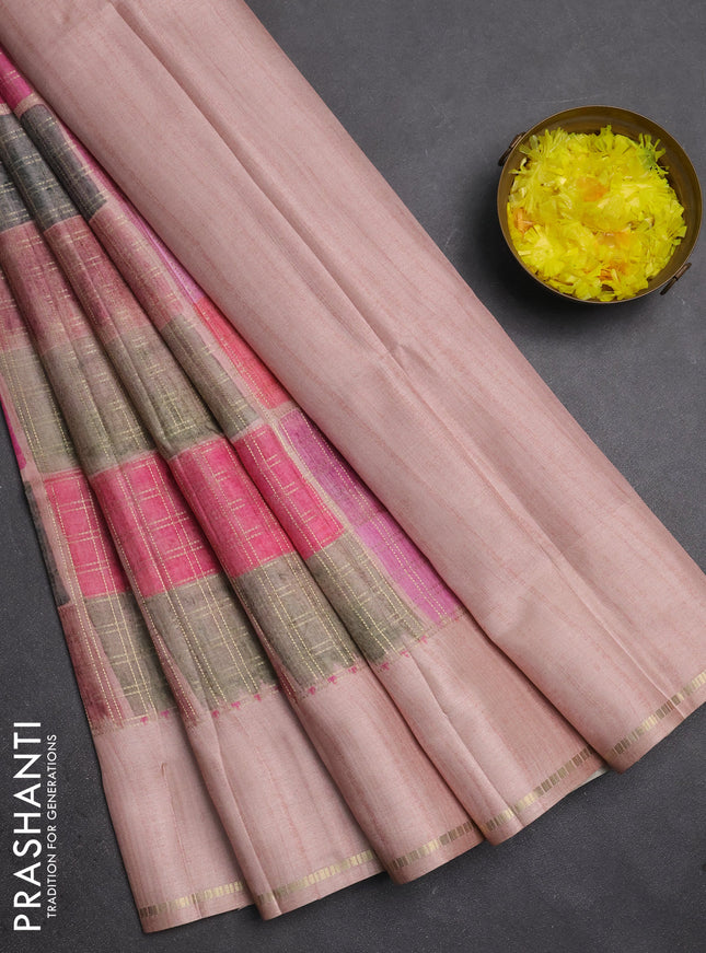 Semi tussar saree multi colour and pastel peach with allover zari checks and simple zari woven border