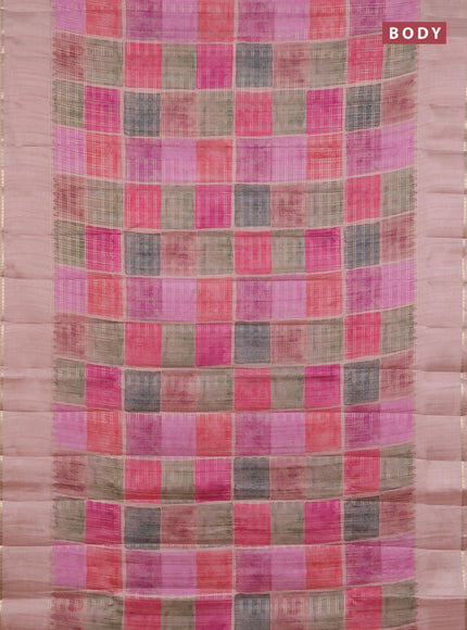 Semi tussar saree multi colour and pastel peach with allover zari checks and simple zari woven border