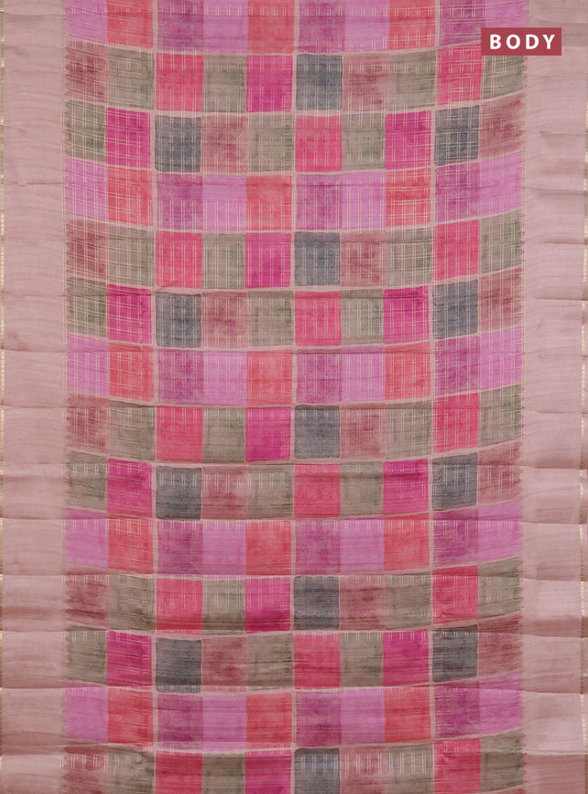 Semi tussar saree multi colour and pastel peach with allover zari checks and simple zari woven border