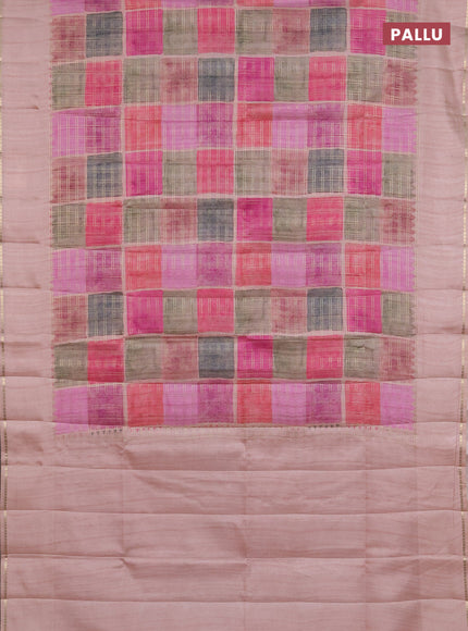 Semi tussar saree multi colour and pastel peach with allover zari checks and simple zari woven border