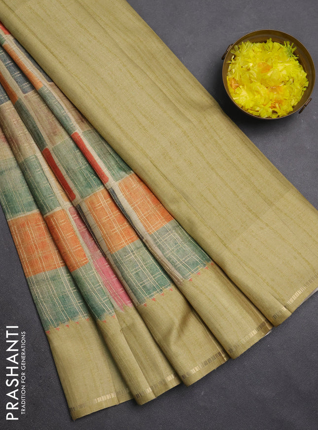Semi tussar saree multi colour and pista green with allover zari checks and simple zari woven border