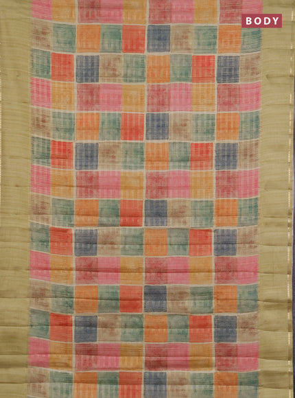 Semi tussar saree multi colour and pista green with allover zari checks and simple zari woven border